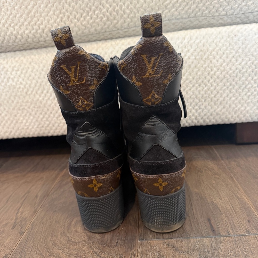 Louis Vuitton Black and Brown Monogram Lace-Up Platform Ankle Boots - Picture 7 of 12